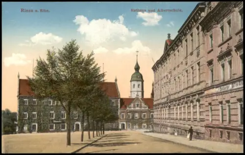 Ansichtskarte Riesa Rathaus und Albertschule. 1912