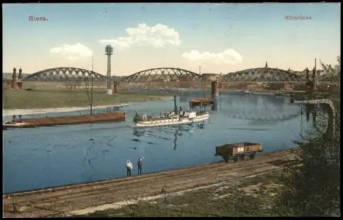 Ansichtskarte Riesa Elbebrücke Dampfer 1912