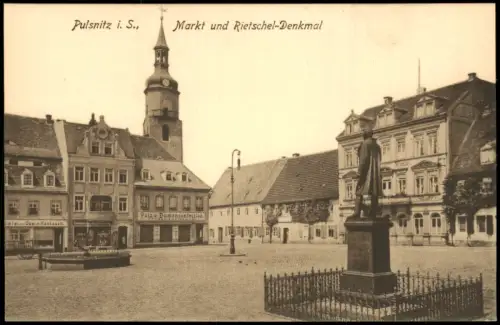 Ansichtskarte Pulsnitz Marktplatz Geschäfte 1910