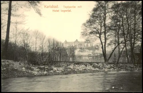 Postcard Karlsbad Karlovy Vary Teplpartie mit Hotel Imperial. 1912