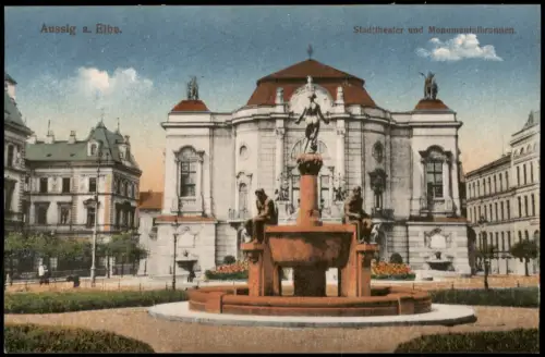 Postcard Aussig Ústí nad Labem Stadttheater und Monumentalbrunnen. 1912