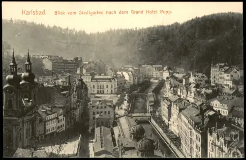 Karlsbad Karlovy Vary Blick vom Stadtgarten nach dem Grand Hotel Pupp. 1912