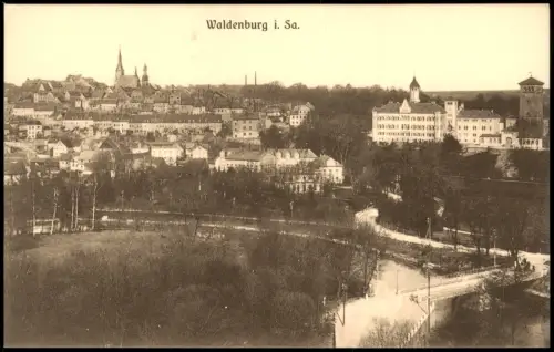 Ansichtskarte Waldenburg (Sachsen) Blick über die Stadt Brücke 1912