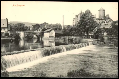 Ansichtskarte Zschopau Stadtpartie Wehr und Fabriken 1912