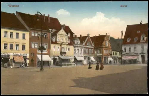 Ansichtskarte Wurzen Marktplatz, Geschäfte 1915