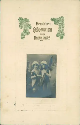 Neujahr Sylvester New Year Gold Tannenzweige Kinder Foto 1915 Passepartout