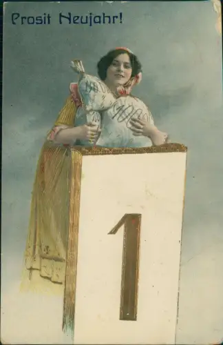 Neujahr Sylvester New Year Frau mit Geldsäcken vor Gold 1 1914 Gold