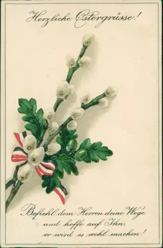 Ostern Easter Patriotika Eichenlaub Weidenkätzchen 1914 Prägekarte