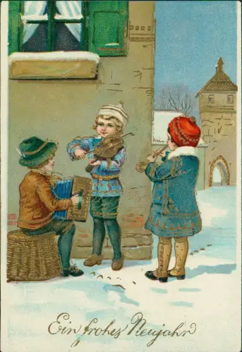 Neujahr Sylvester New Year Kinder musizierend in der Stadt 1908 Gold