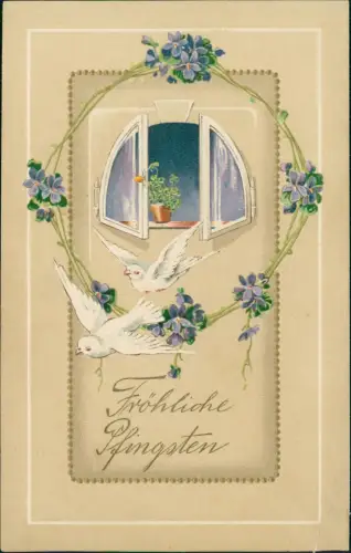 Pfingsten Pentecost Tauben Fliegen aus Fenster Veilchen Glücksklee 1912