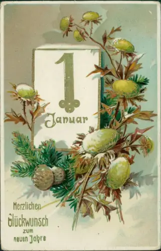 Gold 1 Neujahr Sylvester New Year Disteln Tannenzweige 1910 Gold