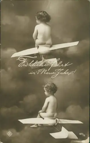 Neujahr Sylvester New Year Kinder auf Flugzeug Töpfchen Fotokunst 1913