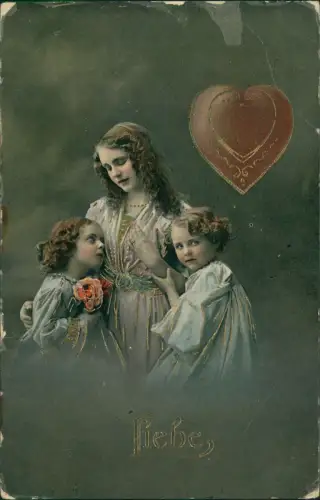 Ansichtskarte  Liebe Love Mutter mit Mädchen rotes Herz 1918 Gold
