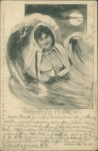 Ansichtskarte  Künstlerkarte Frau lächelnd Dekolleté in Welle 1900