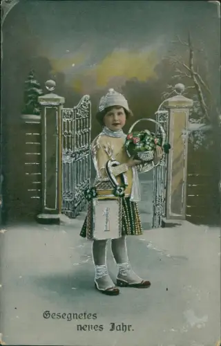 Neujahr Sylvester New Year Mädchen mit Blumen vor Tor 1914 Silberprägung