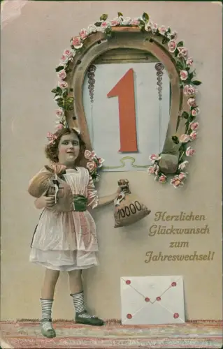 Neujahr Sylvester New Year Mädchen vor 1 umrahmt mit Hufeisen 1910