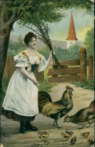 Frau mit Weidenkätzchen vor Hahn Henne und Küken Ostern Easter 1912