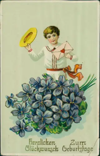 Ansichtskarte  Geburtstag Birthday Junge mit Brief vor Veilchen Gold 1913