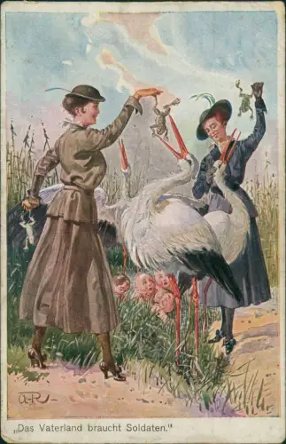 Scherzkarte Frauen spielen mit Storchen Das Vaterland braucht Soldaten 1916