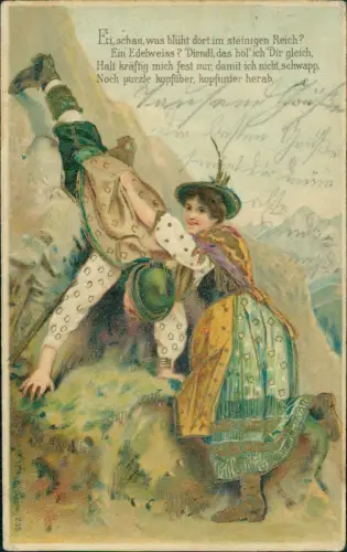 Künstlerkarte Mann und Frau im Tracht Bergsteiger Künstlerkarte 1912 Gold