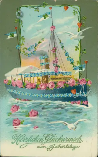Ansichtskarte  Geburtstag Birthday Dampfer Rosen Veilchen Glücksklee 1909