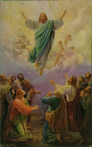 Ansichtskarte  Jesus Christus mit Engeln über den Jüngern Pinselduktus 1914