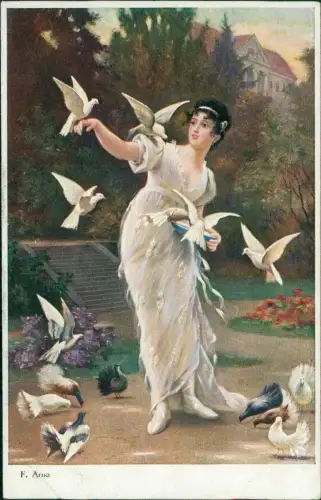 Schöne Frau im Kleid mit Tauben - Die Lieblinge Künstlerkarte 1915