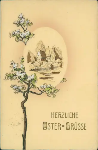 Ostern Easter Künstlerkarte Baum Osterei mit Landschaft 1913 Prägekarte