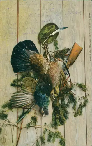 Ansichtskarte  Künstlerkarte Jagd Stillleben an Holzwand Auerhahn Gewehr 1917