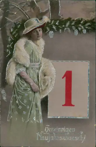 Neujahr Sylvester New Year Frau in Weißen Pelz Tannenzweige 1917 Silberprägung