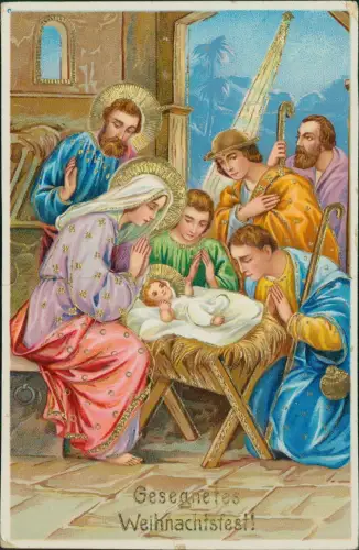 Ansichtskarte  Weihnachten Christmas Jesus Kind Maria Stall 1935 Gold