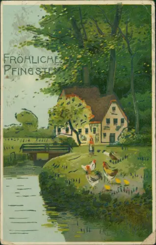 Ansichtskarte  Pfingsten Pentecost Künstlerkarte Bauernhaus am Wald 1917