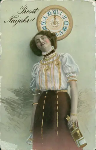 Ansichtskarte  Neujahr Sylvester New Year Frau mit Sekt vor der Uhr 1911 Gold