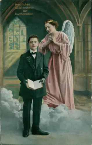 Ansichtskarte  Glückwunsch - Konfirmation Junge und Engel in Kirche 1914