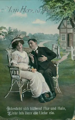 Liebe Liebespaar Love vor Haus Mein Herz ist Dein! 1914 Silberprägung