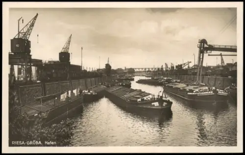 Ansichtskarte Gröba-Riesa Hafen Kräne Schleppschiffe Fotokarte 1929