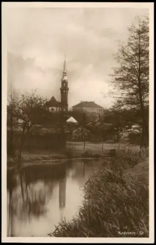 Ansichtskarte Radeberg Flußpartie Stadt mit Kirche 1928