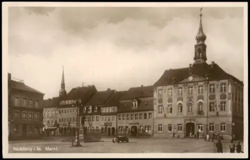 Ansichtskarte Radeberg Marktplatz, Geschäfte 1928