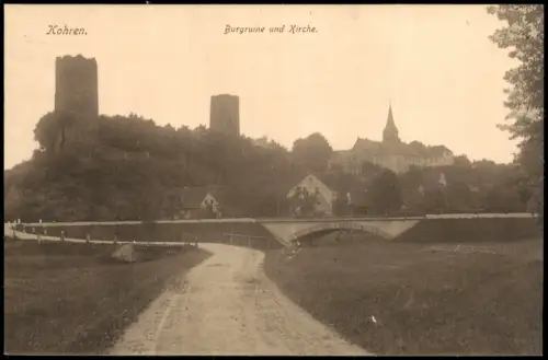 Kohren-Sahlis Burgruine und Kirche - colorierte AK
