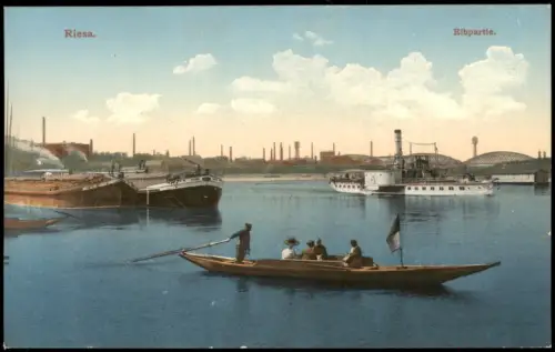 Ansichtskarte Riesa Elbpartie mit Dampfer und Industrieanlagen 1917