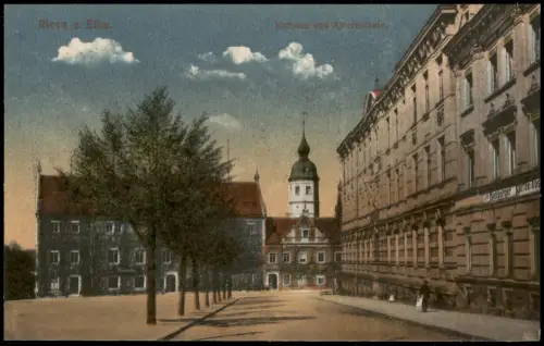 Ansichtskarte Riesa Rathaus und Albertschule. 1912