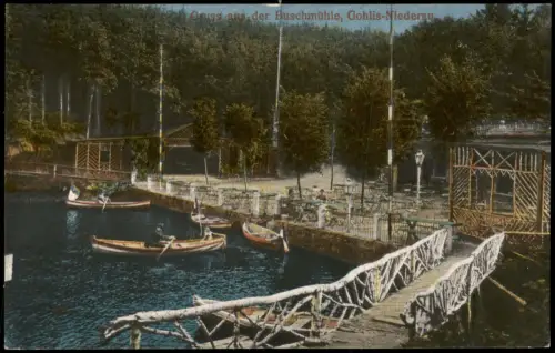 Ansichtskarte Gohlis-Niederau Birkenbrücke, Restauration - Buschmühle 1915