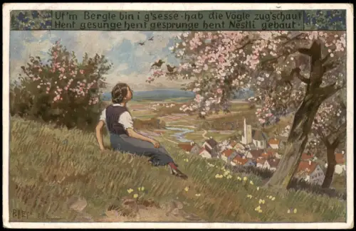 Ansichtskarte  Volksliederkarten von Paul Hey: Uf'm Bergli bin i g'sesse 1920