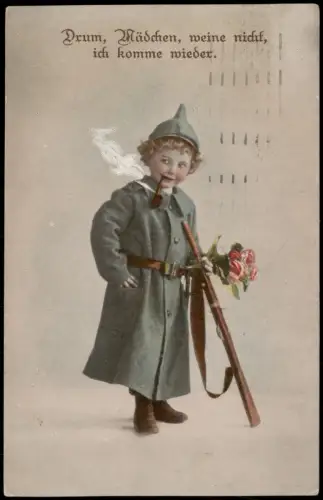 Kind in Soldatenuniform Pfeife Blumenstrauß, weine nicht, ich komme wieder 1916