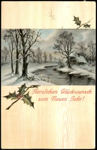 Ansichtskarte  Winterlandschaft mit verschneitem Haus am Bach, Neujahr 1910