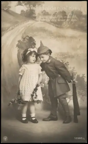 Ansichtskarte  Haideröslein - Kinder in Uniform mit Pickelhaube 1916
