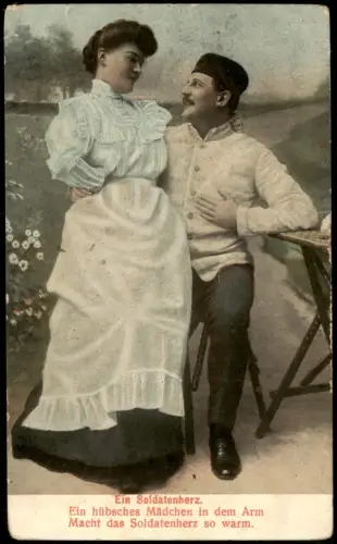 Ansichtskarte  Ein Soldatenherz - Soldat mit junger Frau 1910