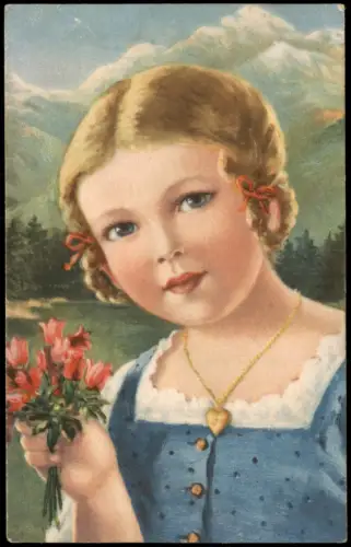 Porträt eines jungen Mädchens mit Blumenstrauß in den Alpen 1926