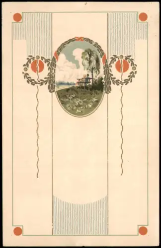 Jugendstil-Glückwunschkarte mit Vignette Paar im Anzug auf Bank 1906