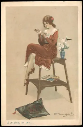 Ansichtskarte  Liebesorakel: Junge Frau beim Blumenzupfen 1929